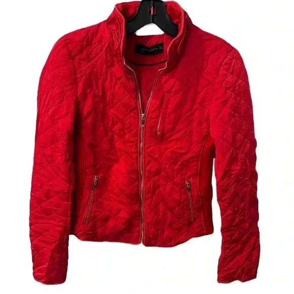 Zara women’s quilted jacket. Red with silver zippers. Size medium - Picture 1 of 11